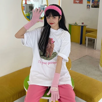 Bavlna Krátky Rukáv T-Shirt Ženy Roztomilý Teľa Luk List Tlač Voľné Kolo Krku Kórejský Tees Móda Letné Top 3
