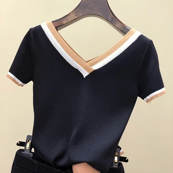 Krátke puzdre tričko dámske kontrast farieb prekladané zrastov tvaru 2021 letné top dámske oblečenie Femme 13362 3