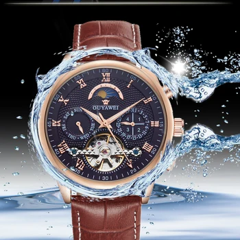 OUYAWEI Automatické Muži Mechanické Náramkové hodinky montre homme Kožený opasok, Klasické Luxusné Biela Kostra Tourbillon muž Hodinky 3