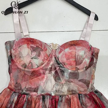 Qian Han Zi Dráhy Módne Letné Šaty 2021 Špagety Pásik Červený Kvet Tlač Elegantné Long Beach Party Šaty pre ženy 3