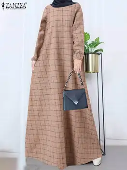 ZANZEA Ženy Vintage Koberčeky Skontrolovať Sundress Bežné Jeseň Dlhý Rukáv Dubaj Turecko-Islamské Oblečenie Župan Femme Abaya Hidžáb Oblečenie 3