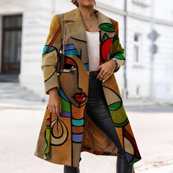 Jeseň Klope Dlhý Rukáv Pribrala Bundy Zimné Ženy Streetwear Kabát Vintage Vzor Vytlačené Singel Svojim Vlnené Kabát 3