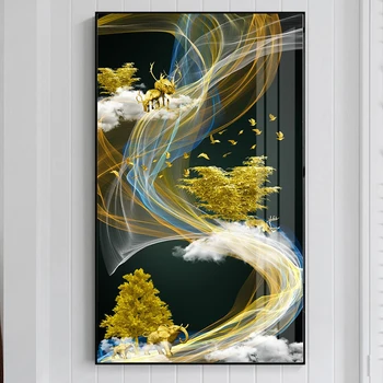 Abstrakt Golden Line Plagát Jelene a Strom V Cloud Plátno na Maľovanie Tableaux Tlač Zlato Wall Art Obraz Obývacia Izba Domova 3