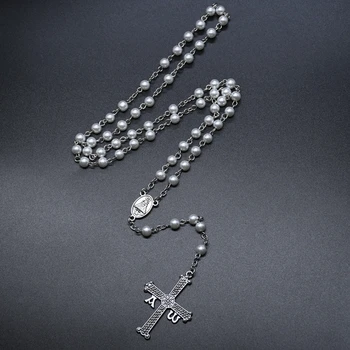QIGO Veľký Kríž White Pearl Ruženec Náhrdelník Pre Mužov, Ženy Náboženské Modlite sa, Šperky 4