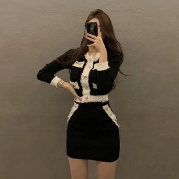 Jeseň kórejský Dva-kus Ženskej Strapec Vrecku Retro Kovové Tlačidlo Pletené Top + Sexy Mini Tesný Sukne Oblek 4