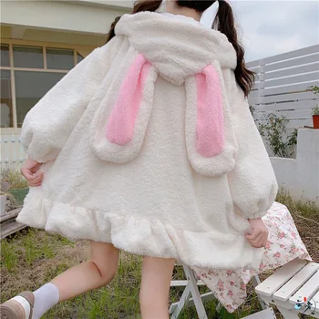Japonský Cute Girl 's Kawaii Bundy Králičie Uši Velvet Pribrala Cashmere Sveter Žien Roztomilé Mäkké Dievča Kabát na Jeseň Zima 4