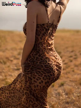 Divný Puss Leopard Večerné Šaty Žien Backless Duté Čipky Maxi Úsek Chudý Bez Rukávov Coquette Sundress Dovolenku Oblečenie 4