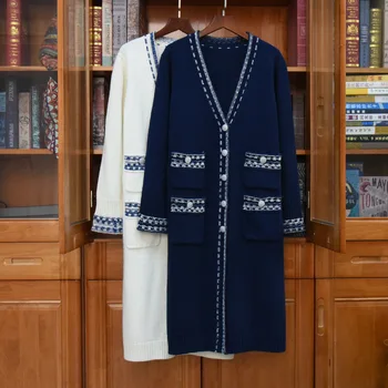 Vysoká Kvalita Nové Dlhé Kabáty 2022 Jeseň Zima Knitwear Ženy Tvaru Vrecku Patchwork Dlhý Rukáv Bežné Tmavo Modrá Béžová Coats 4