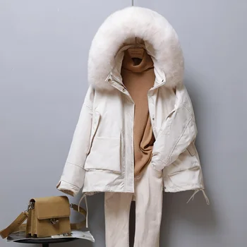 FTLZZ Zimné Ženy, Skutočné Fox Kožušinovou Kapucňou Nadol Krátka Bunda 90% Biele Kačacie Nadol Kabát Zahusťovanie Voľné Teplé Outwear Odnímateľná Podšívka 4