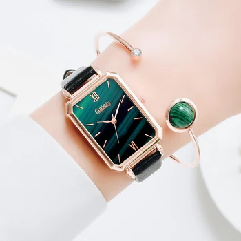 2KS /Set Módy Zelené Námestie Dial Kožený Opasok Quartz Hodiny Dámske Náramkové hodinky Žena Elegantný Náramok Hodiniek Nastaviť Reloj Mujer 4