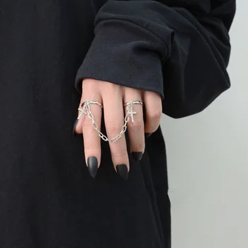 Cool Hip Pop Reťaz Prepojenie Prstene pre Mužov Cross Prívesok Nastaviteľné Otvorené Prst Prstene pre Ženy Strany Šperky Anillos Mujer Šperky 4
