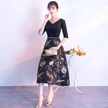 Vytlačené Kvet Satin Black Koktejlové Šaty S Rukávmi Elegantného Tvaru V - Line Plus Veľkosť Semi Formálne Šaty 4