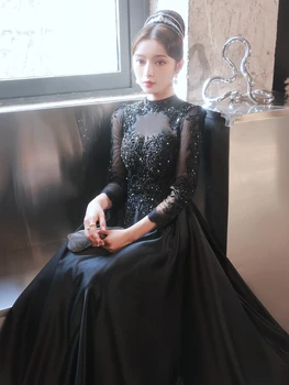 Luxusné Korálkové Appliques Black Satin Večerné Šaty Dlhé Elegantné O-Krku A-Line Podlahy-Dĺžka Moslimských Formálne Šaty S Rukávmi 4