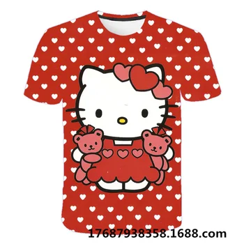 3-14 Rokov Deti Krátke Rukávy T-shirt Cartoon Hello Kitty Tričko Dievčatá Topy Deti Baby Chlapci Oblečenie 4
