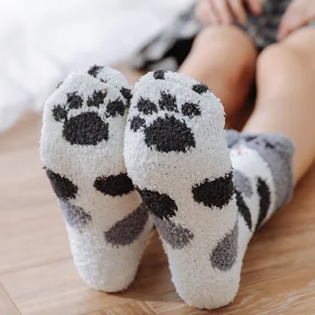 3D Ucho Výšivky Mačací Pazúr Coral Fleece Zvierat Ponožky Zimné Kawaii Hrubé Prekladané Cartoon Ženy, Fuzzy Načechraný Terry Teplé Roztomilé Ponožky 4