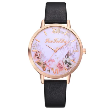 2020 Ženy Hodinky Luxusné Kvetinové Dial Quartz Analógové náramkové hodinky Soild Farba Kožený Remienok Darček Hodiny NOVÝCH Zegarki Damskie 4