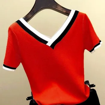 Krátke puzdre tričko dámske kontrast farieb prekladané zrastov tvaru 2021 letné top dámske oblečenie Femme 13362 4