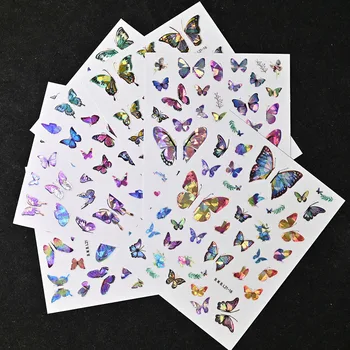 12Set!! 3D Nail Holografické Nálepky Laser Motýľ/Kvet/Listy Farebné Zlaté Perie Obtlačky Jar Leto Jazdca na Nechty 4