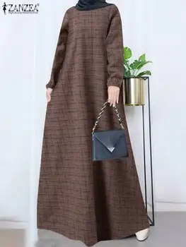 ZANZEA Ženy Vintage Koberčeky Skontrolovať Sundress Bežné Jeseň Dlhý Rukáv Dubaj Turecko-Islamské Oblečenie Župan Femme Abaya Hidžáb Oblečenie 4