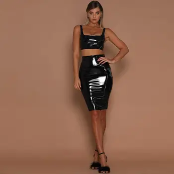Black Office Slim Krátke Sukne 2021 Latex Sukne Ženy Sexy Mini Mujer Elegantné Bodycon Vysoký Pás Ceruzka PU Patent Kožené Sukne 4