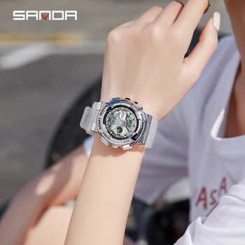 [Pár Sledovať] SANDA 2022 Móde Hot Predaj Multifunkčné Elektronické Duálne Zobrazovanie Dial Náramkové hodinky Vodotesné Digitálne Hodiny Darček 5