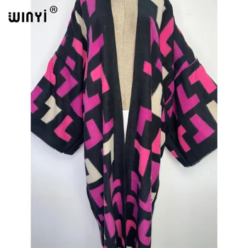 WINYI Kvalitné zimné Ženy elegantný Retro tlač voľné kabát Celý Rukáv Bežné teplej Teplé Ženské Vianočné zvrchníky 5