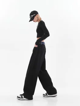 Retro Vysoký Pás dámske Džínsy Harajuku Vintage Čierna BF Štýl Streetwear All-zápas Voľné Módne Femme Širokú Nohu, Džínsové Nohavice 5