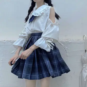 2021 Nový Japonský Šifón Košele Ženy Lolita Bábika Golier, Dlhé Rukávy Biele Tričko Žena Off-ramenný Topy 5
