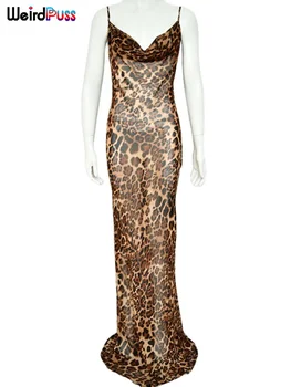 Divný Puss Leopard Večerné Šaty Žien Backless Duté Čipky Maxi Úsek Chudý Bez Rukávov Coquette Sundress Dovolenku Oblečenie 5