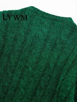 LYWM Ženy Módy Zelené Singel svojim Cardigan Sveter Vintage Dlhé Rukávy O-Krku Žena Lady Chic Šaty 5