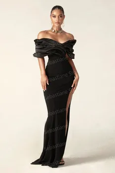 Čierne Jednoduché Elegantné Morská Víla Večerné Šaty Saténové Skladaný Mimo Ramenný Split Ženy Formálny Ples Sprievod Šaty Na Zákazku 5