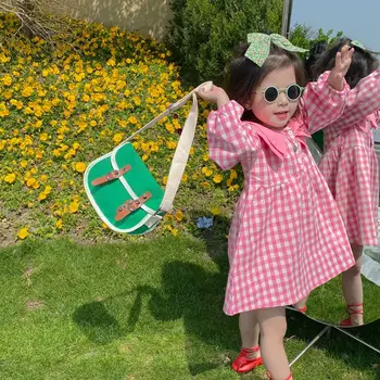 Deti Oblečenie Nové 2023 Jar a na Jeseň kórejský Štýl Holka Kockované Šaty Módne Ružová Sladká Princezná Šaty pre Dievčatá 5