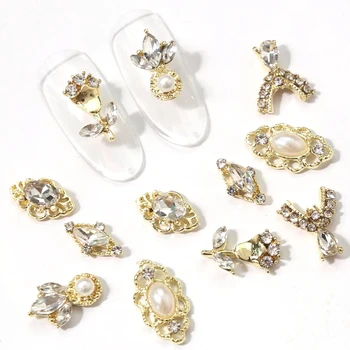 10Pcs Gold Rose Zliatiny Drahokamu Nechtov Charms Valentína Obmedzené Dekor Luxusný Pearl Diamond Design 3D Nail Art Príslušenstvo 1 5