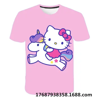 3-14 Rokov Deti Krátke Rukávy T-shirt Cartoon Hello Kitty Tričko Dievčatá Topy Deti Baby Chlapci Oblečenie 5