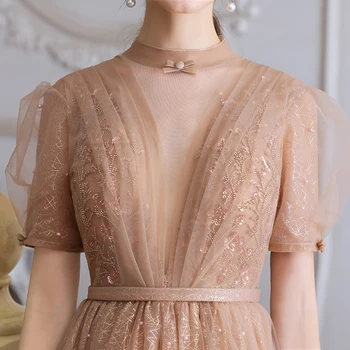 SSYFashion Nové Večerné Šaty pre Ženy Banquet Elegantnej Čipky Lištovanie Lístkového Rukáv Čaj-dĺžka Strany Formálne Šaty Vestidos De Noche 5
