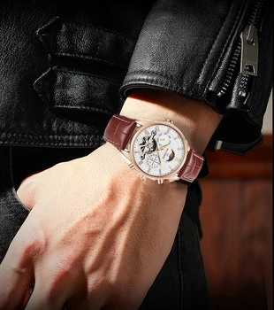 OUYAWEI Automatické Muži Mechanické Náramkové hodinky montre homme Kožený opasok, Klasické Luxusné Biela Kostra Tourbillon muž Hodinky 5