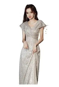 Spoločenské Večerné Šaty Nové Šampanské Sequin Temperament Kráľovná Štýl Celebrity Tenké Žena Šaty 5