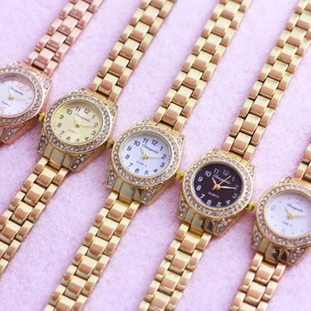 2022 slávnej značky ženy starej dámy gold diamond náramkové hodinky quartz dievčatá módne tenký pásik strane troleje hodinky reloj mujer 5